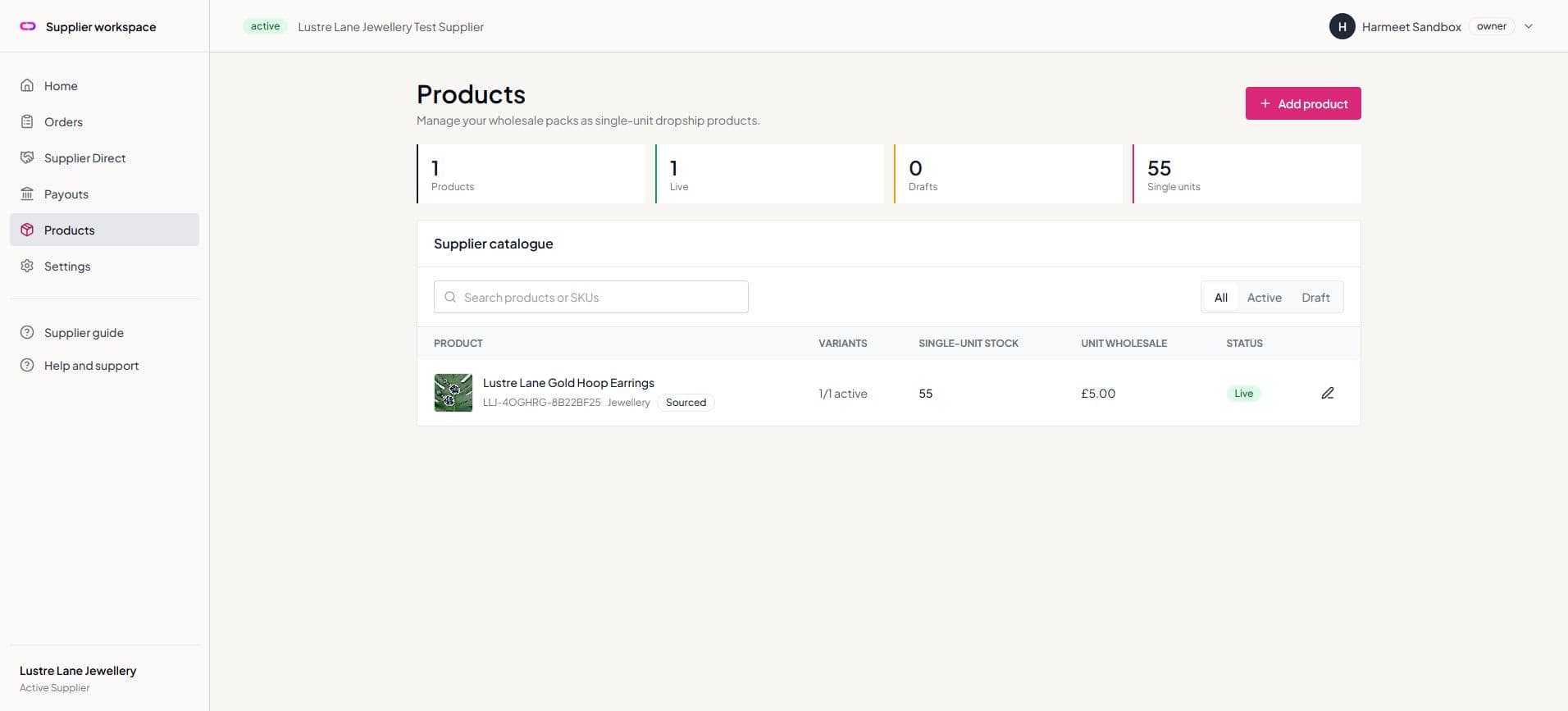 Supplier product catalogue with stock, pricing, and publication status