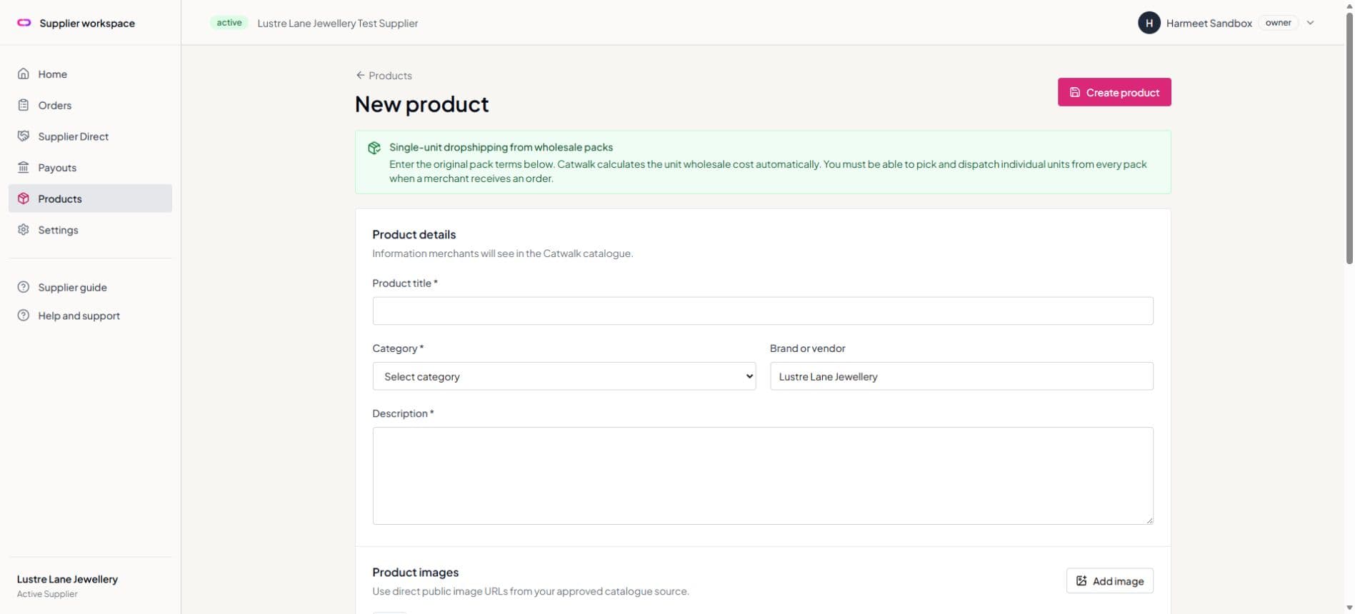 New supplier product form for product, pack, stock, and variant details