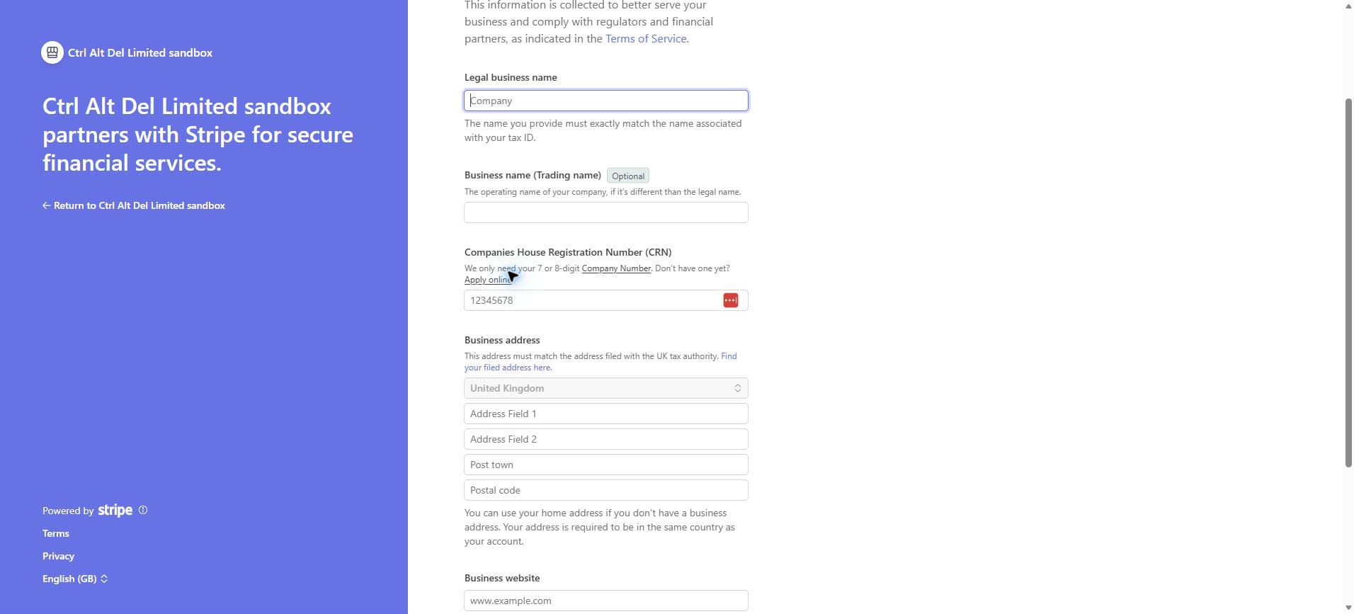 Stripe Connect onboarding form for supplier business details
