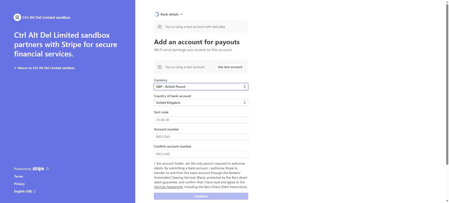 Stripe Connect form for the supplier bank payout account