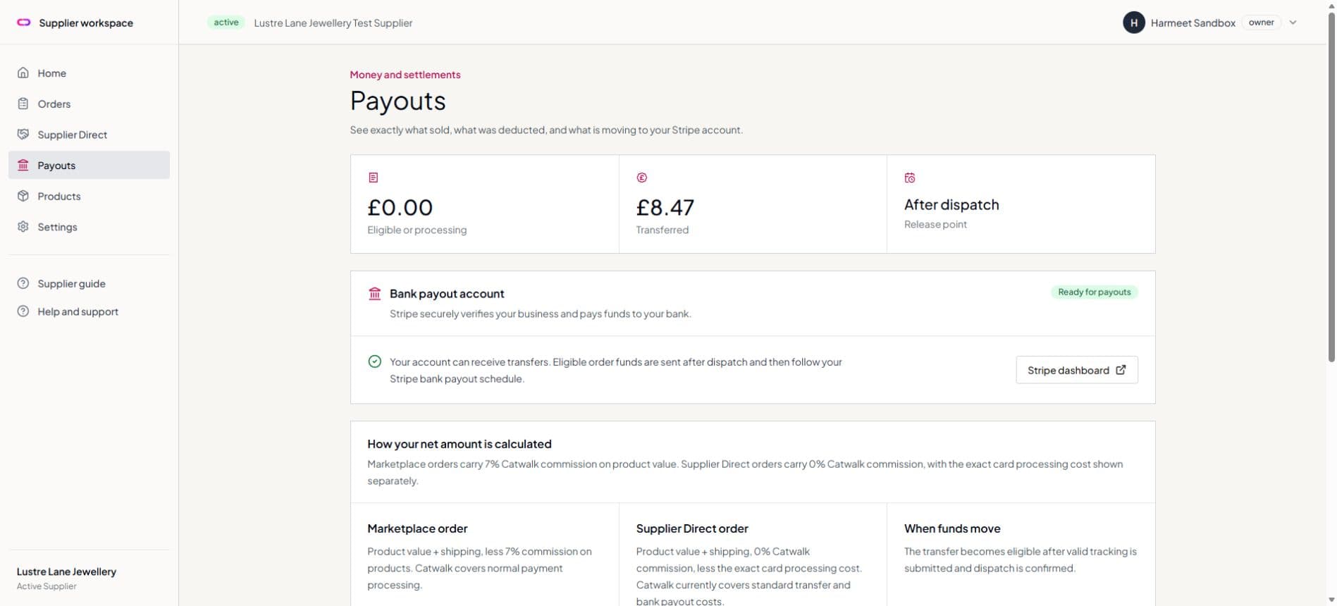 Supplier payout page showing a Stripe account ready for payouts