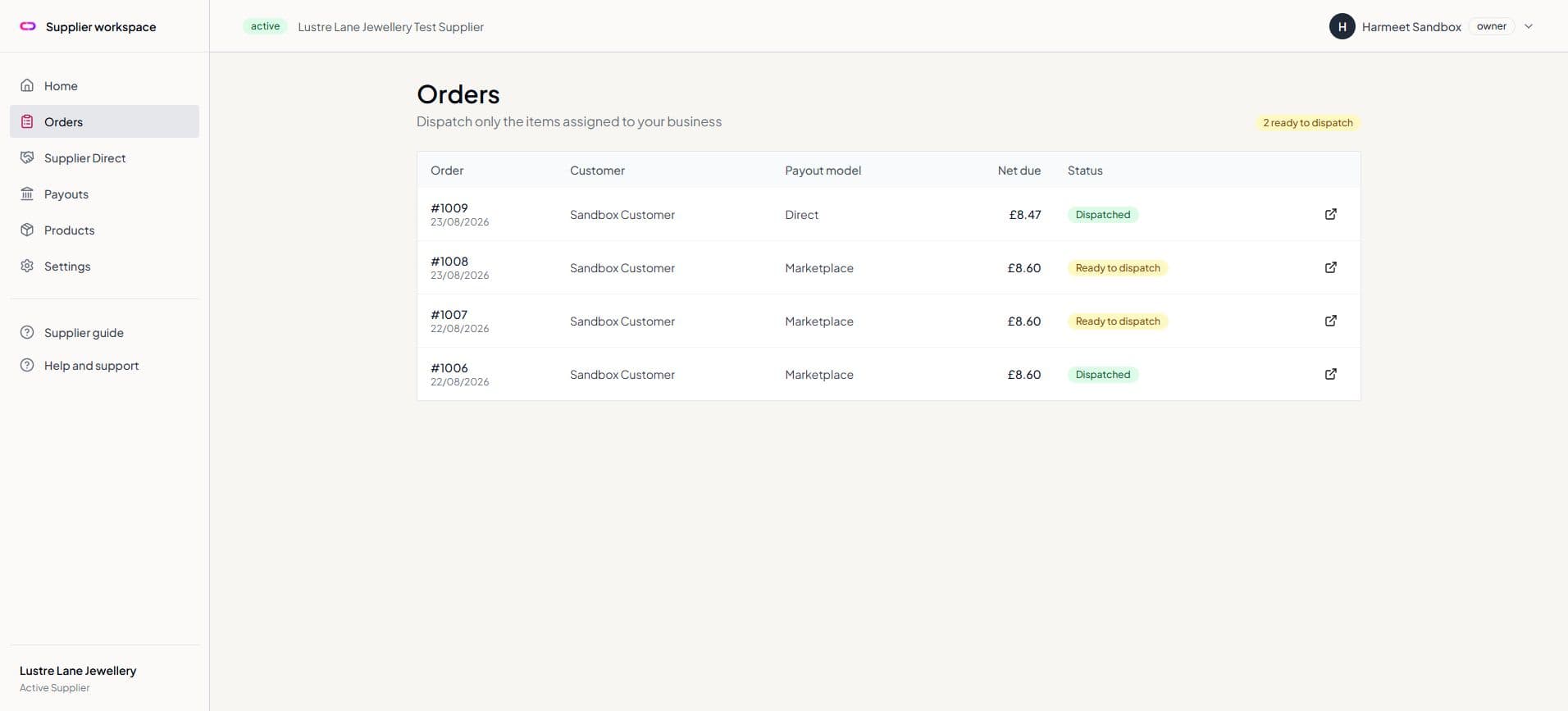 Supplier order list showing Direct and marketplace orders