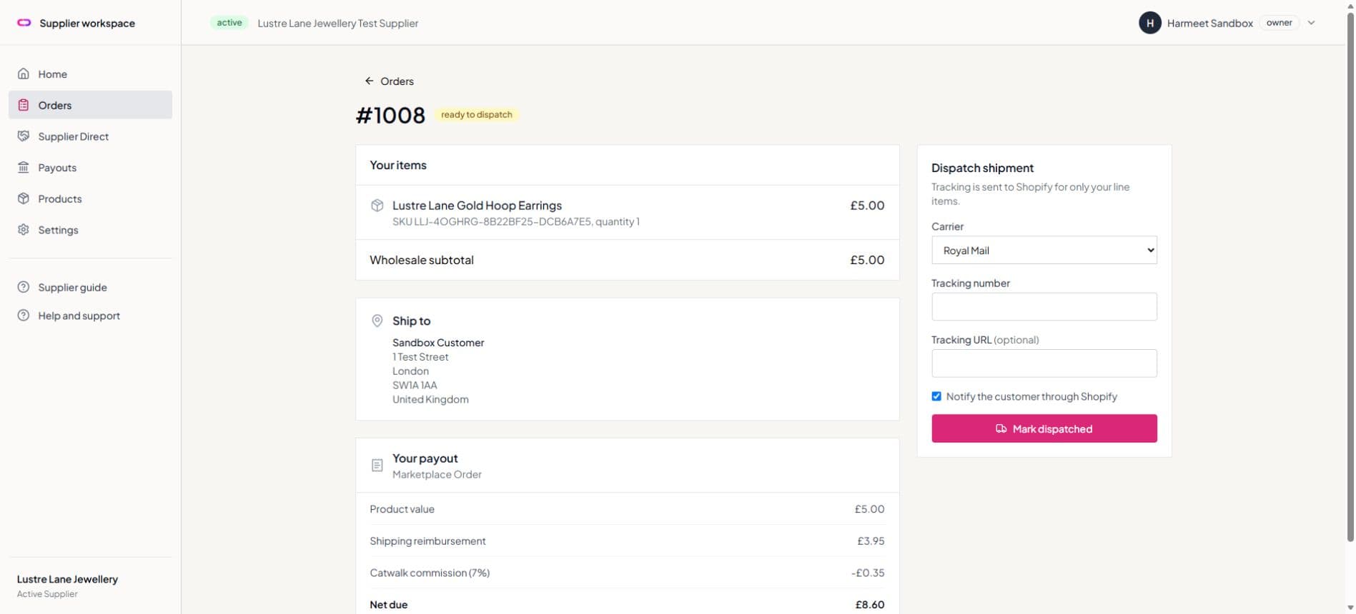 Supplier dispatch form with carrier and tracking fields