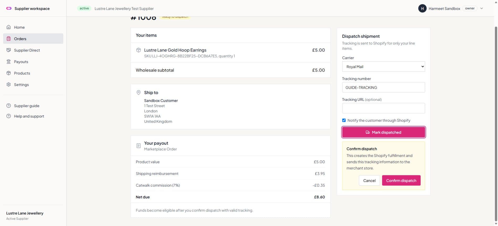 Confirmation panel before dispatch is sent to Shopify