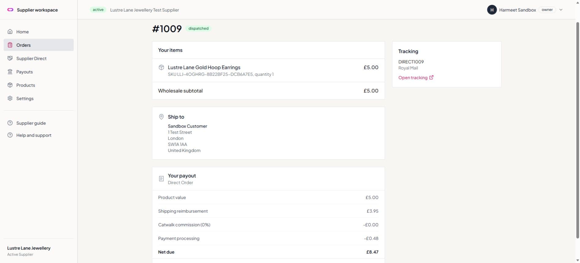 Dispatched supplier order with tracking and final payout calculation
