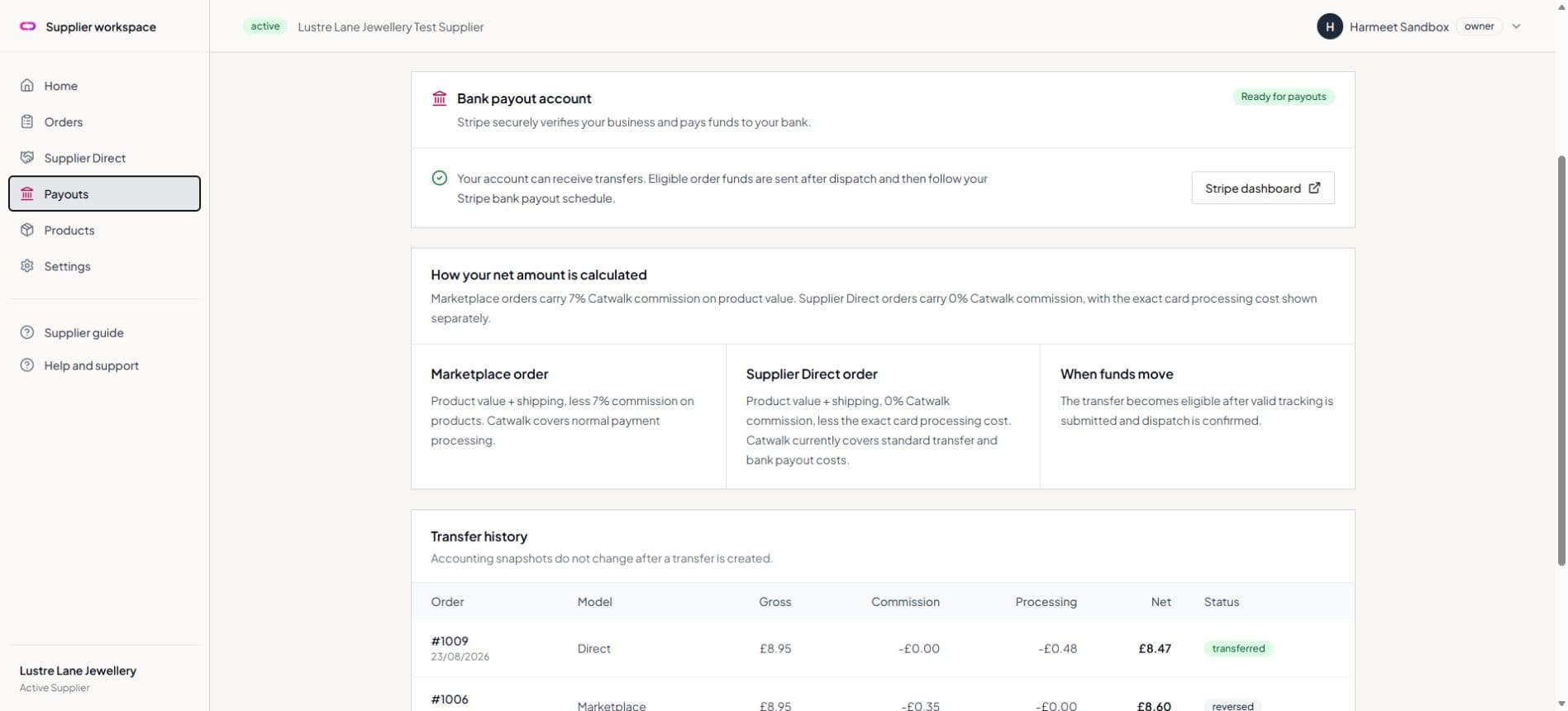 Supplier transfer history with marketplace and Direct calculations
