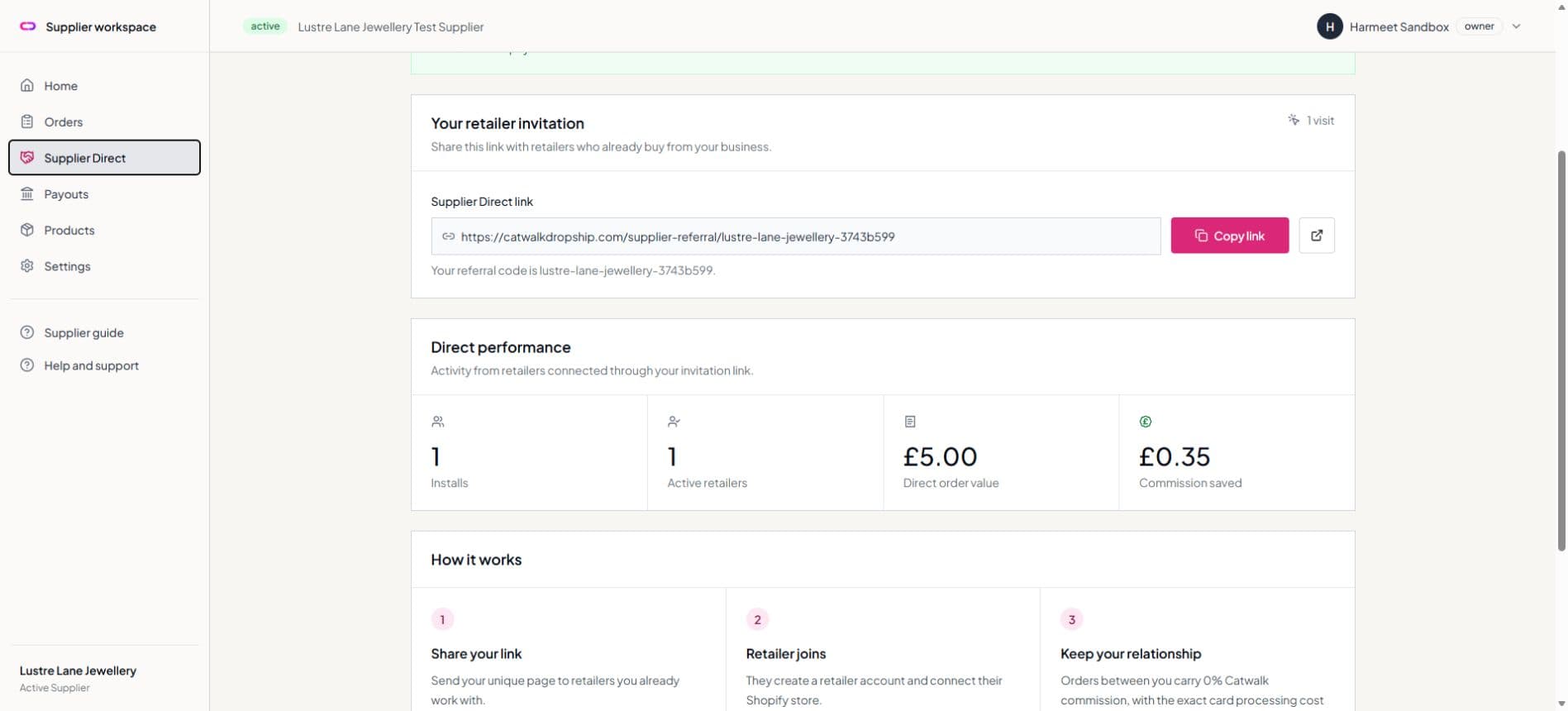 Supplier Direct dashboard with referral performance