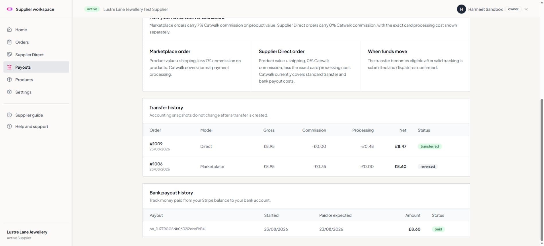 Supplier bank payout history showing a paid Stripe payout